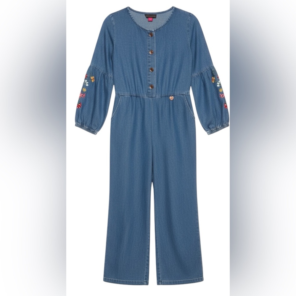 New Vince Camuto Kids Denim Romper with Floral Embroidery Size 4